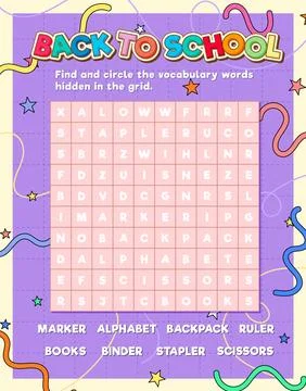 Find Hidden Words Logic Game: English Word Search Puzzle Stock Illustration