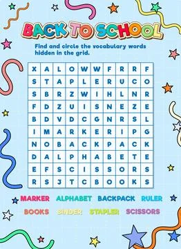 Find Hidden Words Logic Game: English Word Search Puzzle Stock Illustration