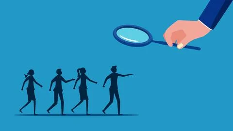 Find human resources. Businessman using a magnifying glass to select job appl Illustrazione stock