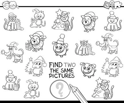 Find identical items coloring page with Xmas pets Black and White Cartoon ... Stock Photos