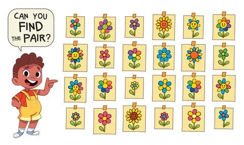 Find the Match. Fun visual puzzle for kids find the two identical flowers Stockillustratie