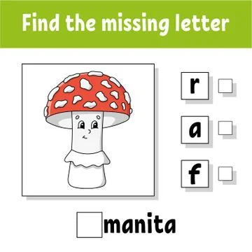 Find the missing letter. Education developing worksheet for kids. Activity pa Stock Illustration
