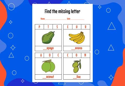 Find the missing letter. Education spelling worksheets for kids. Activity pag Stock Illustration