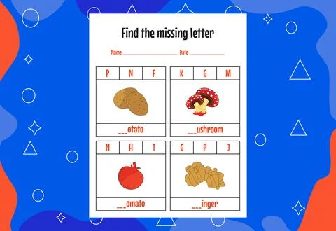 Find the missing letter. Education spelling worksheets for kids. Activity pag Stock Illustration