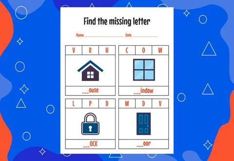 Find the missing letter. Education spelling worksheets for kids. Activity pag Stock Illustration