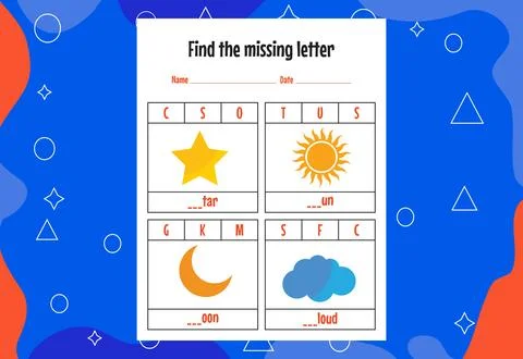 Find the missing letter. Education spelling worksheets for kids. Activity pag Stock Illustration
