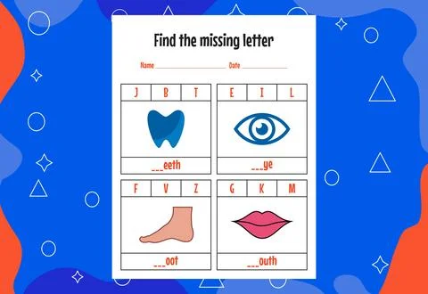 Find the missing letter. Education spelling worksheets for kids. Activity pag Stock Illustration