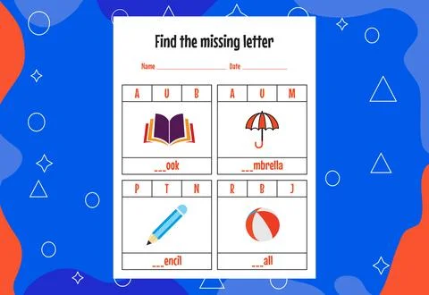 Find the missing letter. Education spelling worksheets for kids. Activity pag Stock Illustration