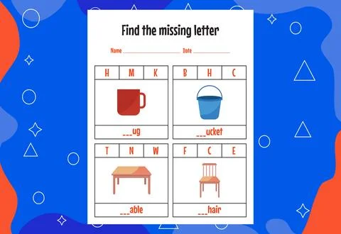 Find the missing letter. Education spelling worksheets for kids. Activity pag Stock Illustration