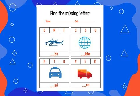 Find the missing letter. Education spelling worksheets for kids. Activity pag Stock Illustration