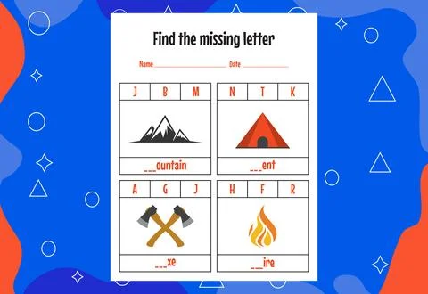 Find the missing letter. Education spelling worksheets for kids. Activity pag Stock Illustration
