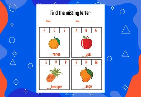 Find the missing letter. Education spelling worksheets for kids. Activity pag Stock Illustration