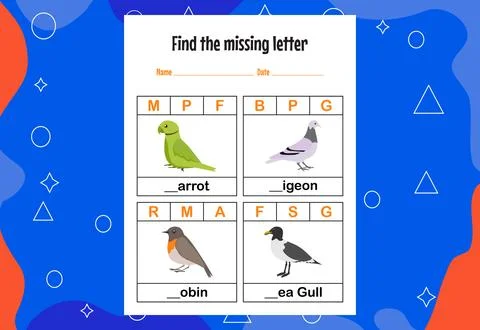 Find the missing letter. Education spelling worksheets for kids. Stock Illustration