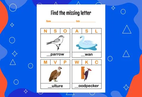 Find the missing letter. Education spelling worksheets for kids. Stock Illustration