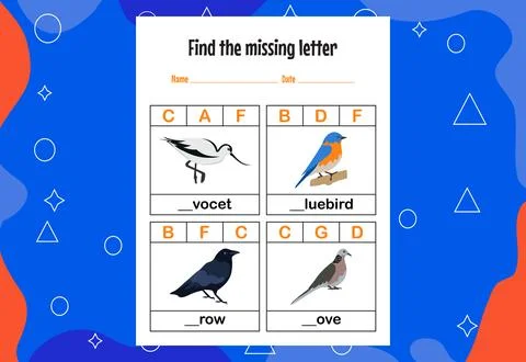 Find the missing letter. Education spelling worksheets for kids. Stock Illustration