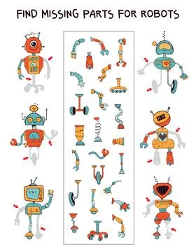 Find missing parts for the robots. Pick the right part. Educational game fo.. Stock Illustration