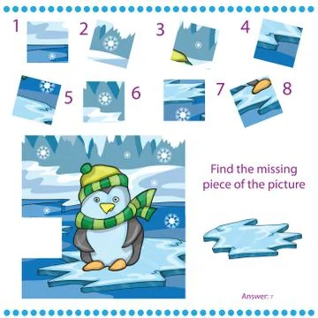 Find missing piece game for Children with penguin on ice background Stock Illustration