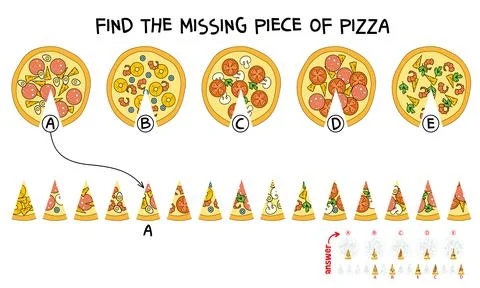 Find the missing piece of pizza. Puzzle Hidden Items. Matching game. Educat.. Stock Illustration