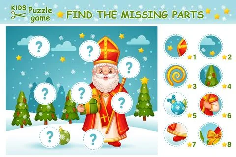 Find missing piece Saint Nicholas picture, match part. Kid education puzzle game Stock Illustration