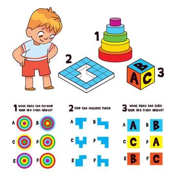 Find the missing piece. What does the object look like from above. Educationa 스톡 일러스트