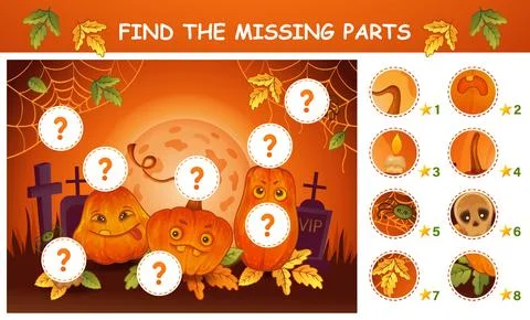Find missing pieces part Halloween holiday pumpkin lanterns picture puzzle game Ilustração Stock