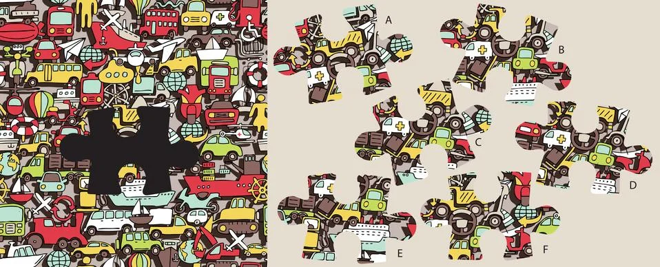 Find missing transportation piece, visual game. Solution in hidden layer! Stock Illustration