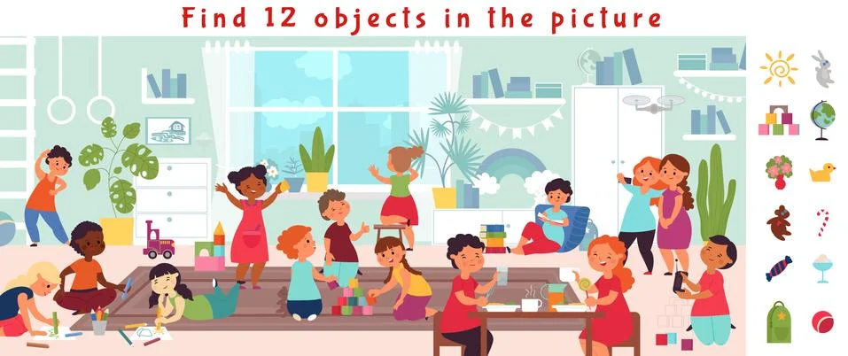 Find objects game. Puzzle play, visual kids brain teaser. Education, children Illustrazione stock
