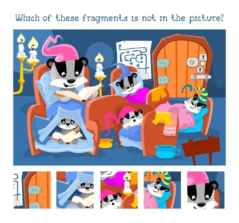 Find objects in picture. Game for children. Cute badgers read books in bedroom Illustrazione stock