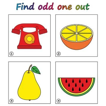 Find odd one out - game for kids. Worksheet. Visual Educational puzzle Game f Illustrazione stock