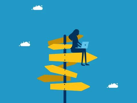 Find or choose the correct method. Businesswoman using laptop on a road sign Illustrazione stock