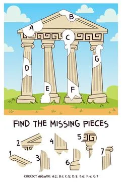 Find the piece puzzle. Complete the ancient temple by matching fragments to.. Ilustración de archivo