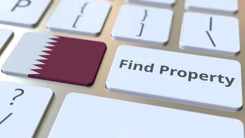 Find Property text and flag of Qatar on the keyboard. Online real estate service Stock Illustration