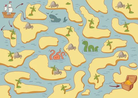 Find the right path on the map. Find pirate treasure. Old treasure map. Child Illustrazione stock