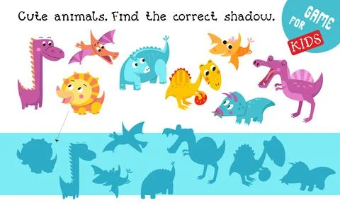 Find right shadow and connect. Dinosaurs. Game for children. Activity, vector Stock Illustration