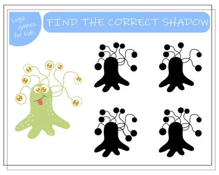 Find the right shadow, an educational game for kids, cartoon monsters, alie.. Stock Illustration