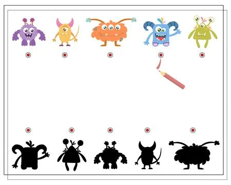 Find the right shadow, an educational game for kids, cartoon monsters, alie.. Stock Illustration