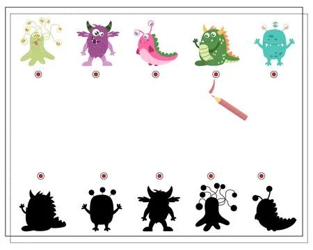 Find the right shadow, an educational game for kids, cartoon monsters, alie.. Stock Illustration
