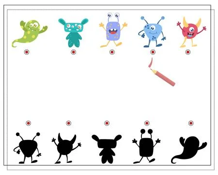 Find the right shadow, an educational game for kids, cartoon monsters, alie.. Stock Illustration