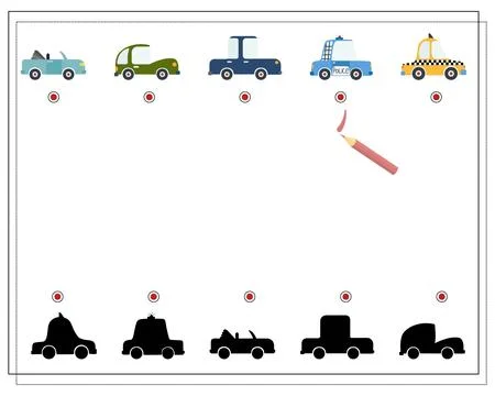 Find the right shadow, an educational game for children, cartoon cars. Vect.. Stock Illustration