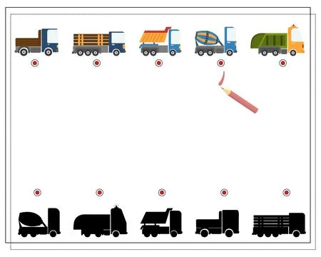 Find the right shadow, an educational game for children, cartoon cars. Vect.. Stock Illustration