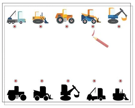 Find the right shadow, an educational game for children, cartoon cars. Vect.. Stock Illustration