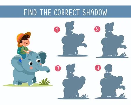 Find the right shadow. Game for children. Cute cartoon elephant and boy. Flat Stock Illustration