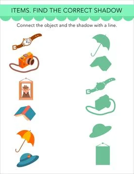 Find the right shadow. Puzzle Game for children. Cute cartoon objects. Items on Illustrazione stock
