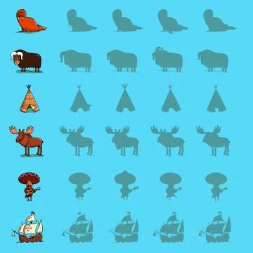 Find the right shadow visual games. Six games Set. Solution in hidden layer! Stock Illustration