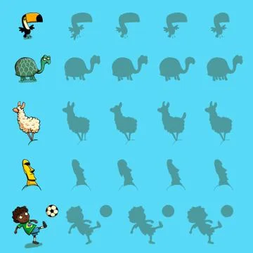 Find the right shadow visual games. Five games Set. Solution in hidden layer! Stock Illustration