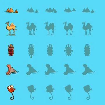 Find the right shadow visual games. Five games Set. Solution in hidden layer! Stock Illustration