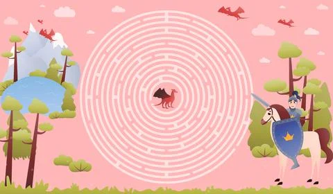 Find right way logical riddle for kids, knight with sword and evil dragon, fairy Stock Illustration