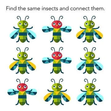 Find the same and connect them. Game for preschool children. Cartoon insect Stock Illustration