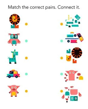 Find the same and connect them. Game for preschool children. Cartoon objects Illustrazione stock