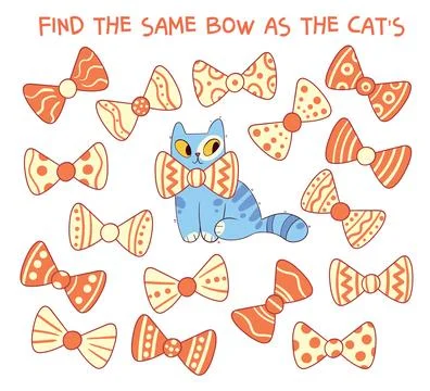 Find the same bow as the cats. Find two identical bows. Find 2 same objects.  Illustrazione stock